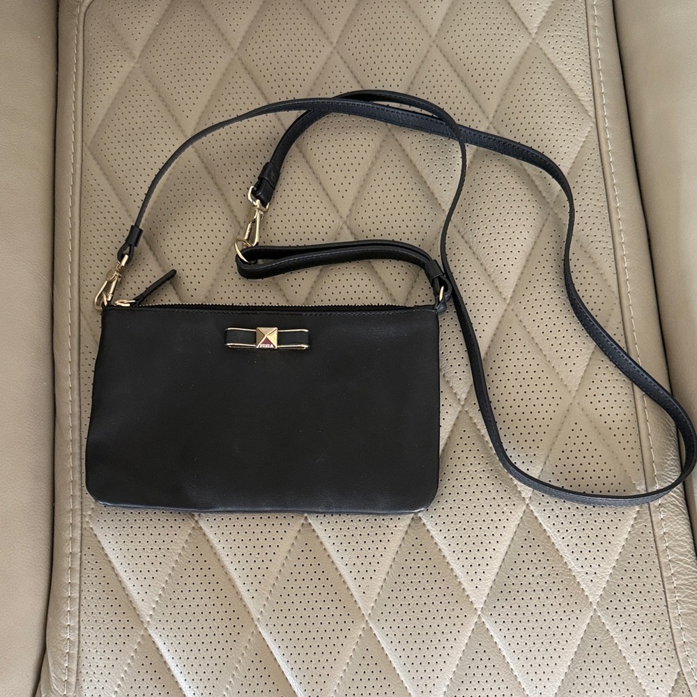 Furla Black Leather Mini Bag with Gold Bow Accent